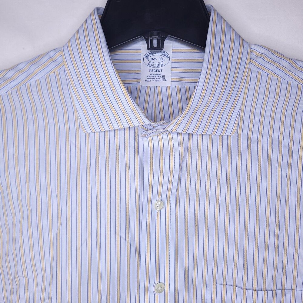 Brooks Brothers Dress Shirt Mens 16.5 Striped Blue, Yellow Supima Non Iron